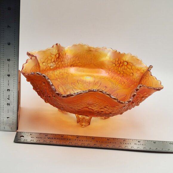 Fenton Orange Tree 4 Foot Marigold Iridescent Carnival Glass Ruffled Bowl 10" - Picture 15 of 15